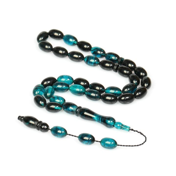 Turkuaz Rengi-Siyah Sıkma Kehribar Tesbih (7×11 mm)
