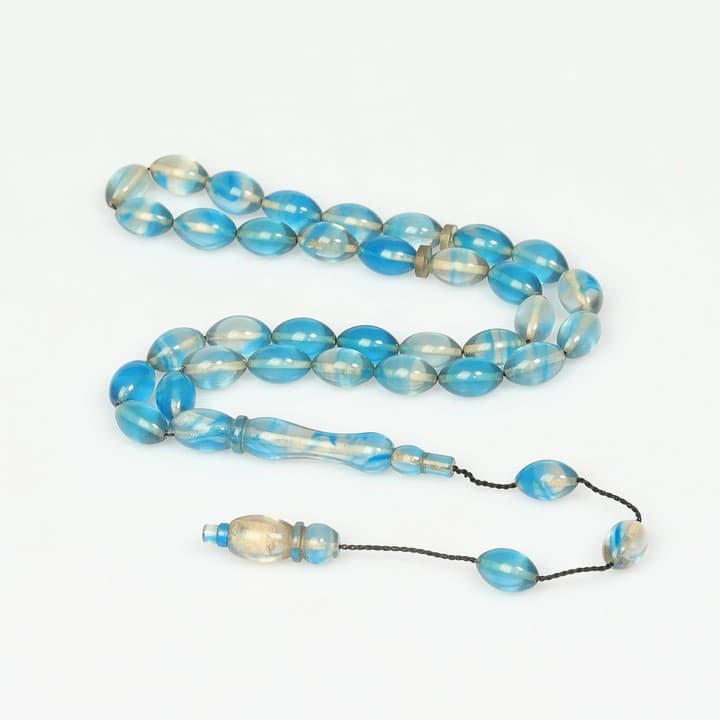 Mavi-Beyaz Sıkma Kehribar Tesbih (7×11 mm)