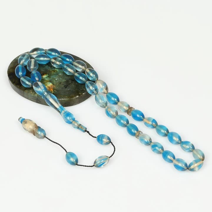 Mavi-Beyaz Sıkma Kehribar Tesbih (7×11 mm)