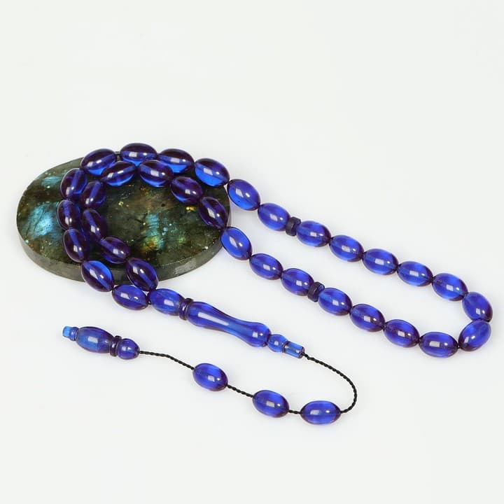 Azure Mavi Sıkma Kehribar Tesbih (7×11 mm)