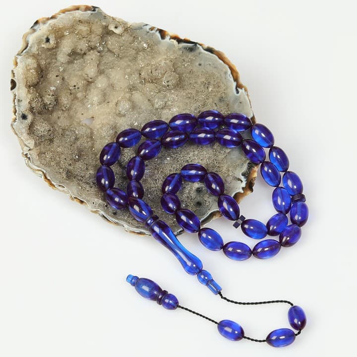 Azure Mavi Sıkma Kehribar Tesbih (7×11 mm)