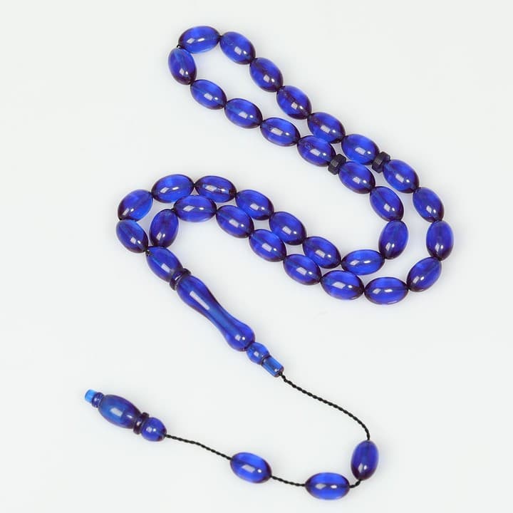 Azure Mavi Sıkma Kehribar Tesbih (7×11 mm)