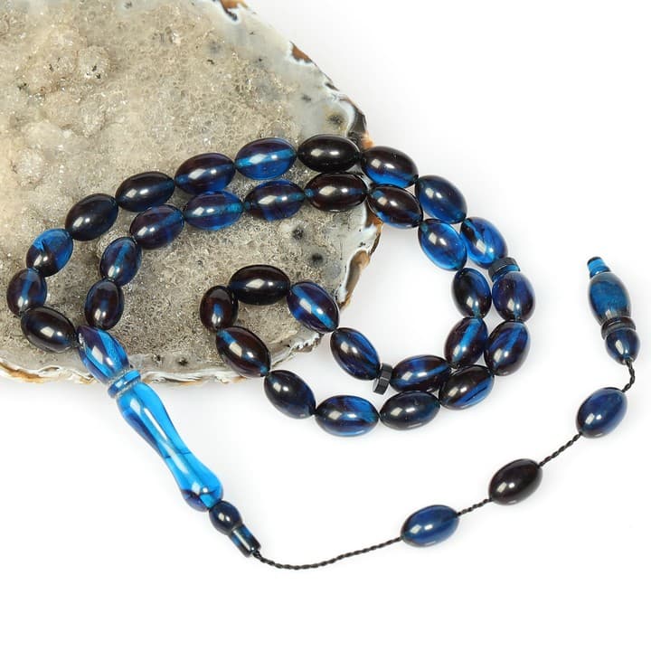 Mavi-Siyah Sıkma Kehribar Tesbih (7×11 mm)