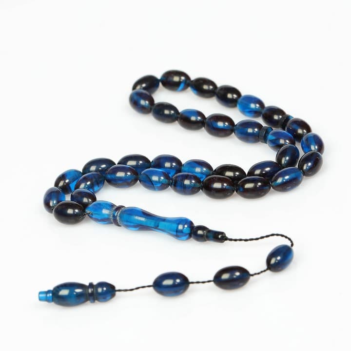 Mavi-Siyah Sıkma Kehribar Tesbih (7×11 mm)