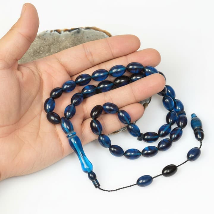 Mavi-Siyah Sıkma Kehribar Tesbih (7×11 mm)
