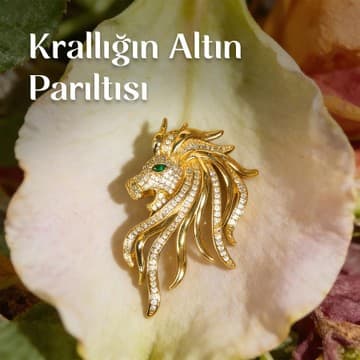 Yeşil Gözlü Altın Renk Aslan Kafası Broş - 1