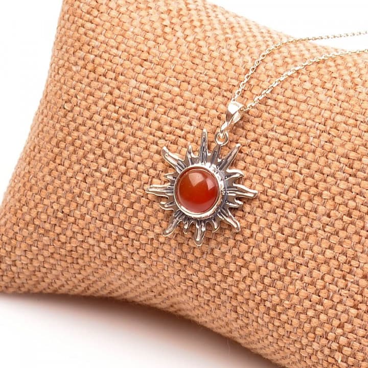 Akik Taşı Gümüş Kolye - Güneş Şeklinde Kolye