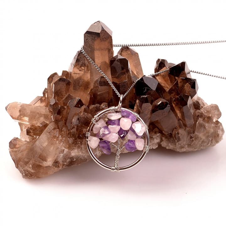 Ametist - Pembe Kuvars Taşı Hayat Ağacı Kolye