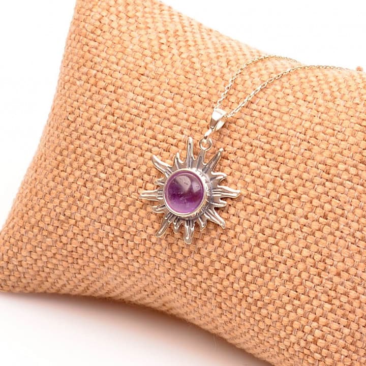 Ametist Taşı Gümüş Kolye - Güneş Şeklinde Kolye