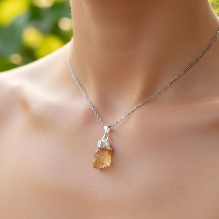 Ham Sitrin Taşı Gümüş Kolye - Şekilsiz Sitrin Taşı Para ve Bereket Taşı