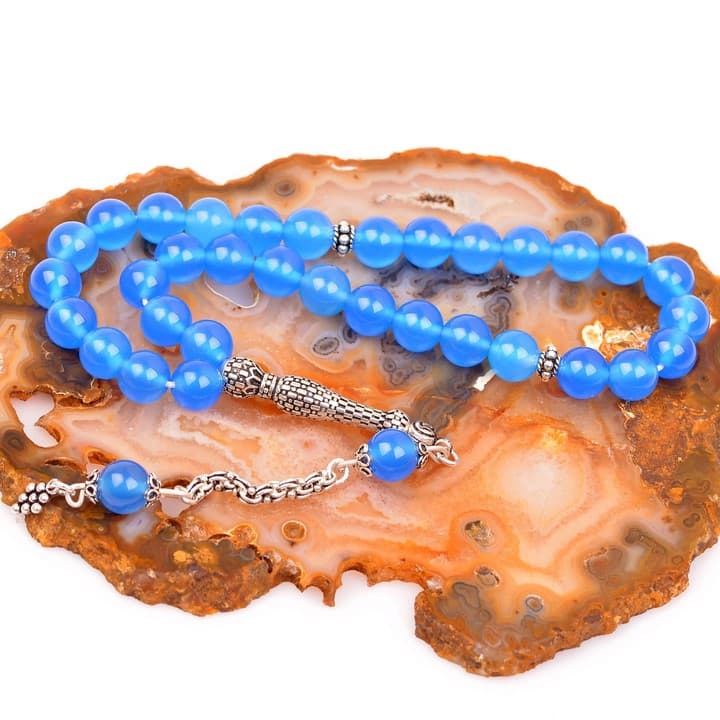 Mavi Akik Taşı Gümüş Tesbih (8 mm)