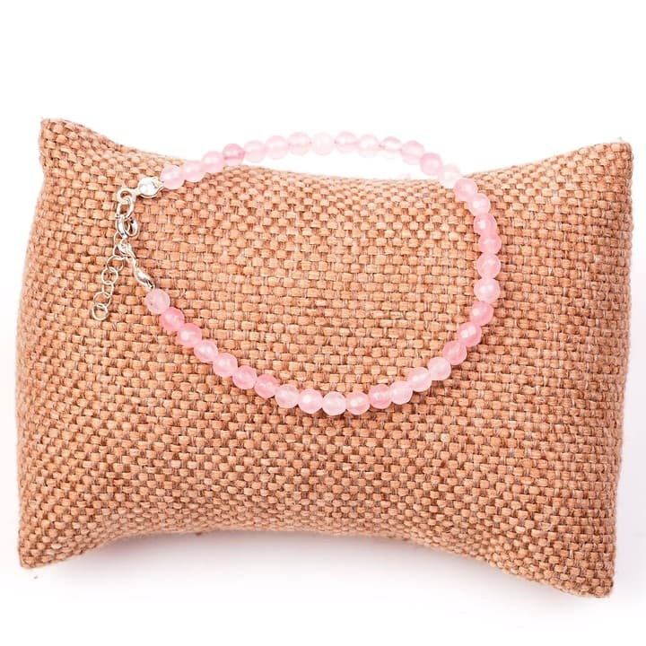 Pembe Kuvars Taşı Gümüş Bileklik - 4 mm Açık Renkli