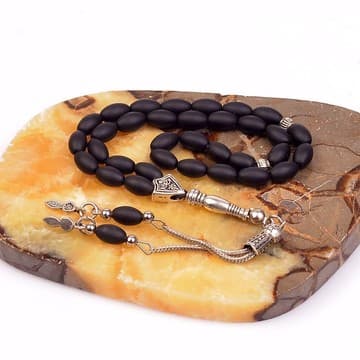 Arpa Kesim Mat Obsidyen Taşı Tesbih (6*9 mm) - 2