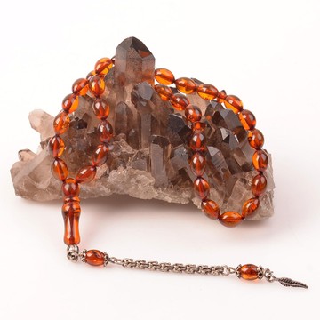 Arpa Kesim Damla Kehribar Tesbih - 6*9 mm / Gümüş Püsküllü - 1